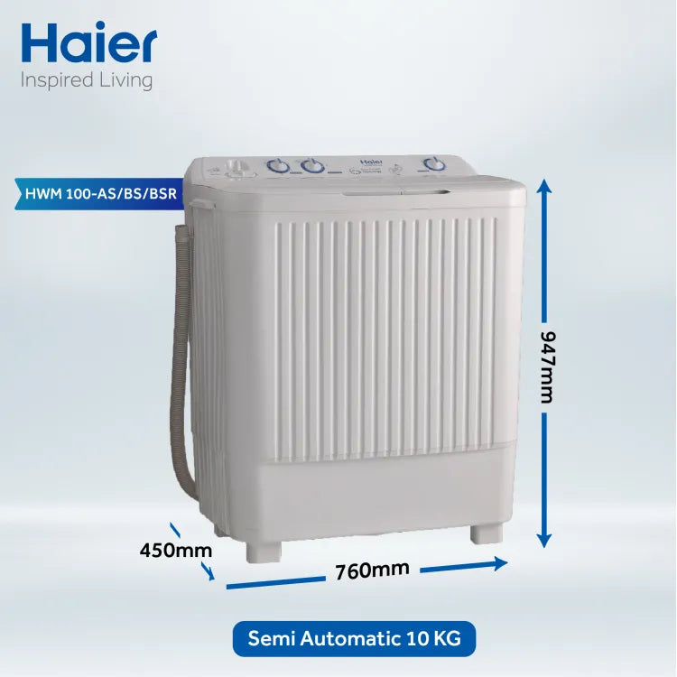 Haier 100-AS Twin Tub Semi Automatic | 10kg | 10 Years Brand Warranty | Official Haier Partner