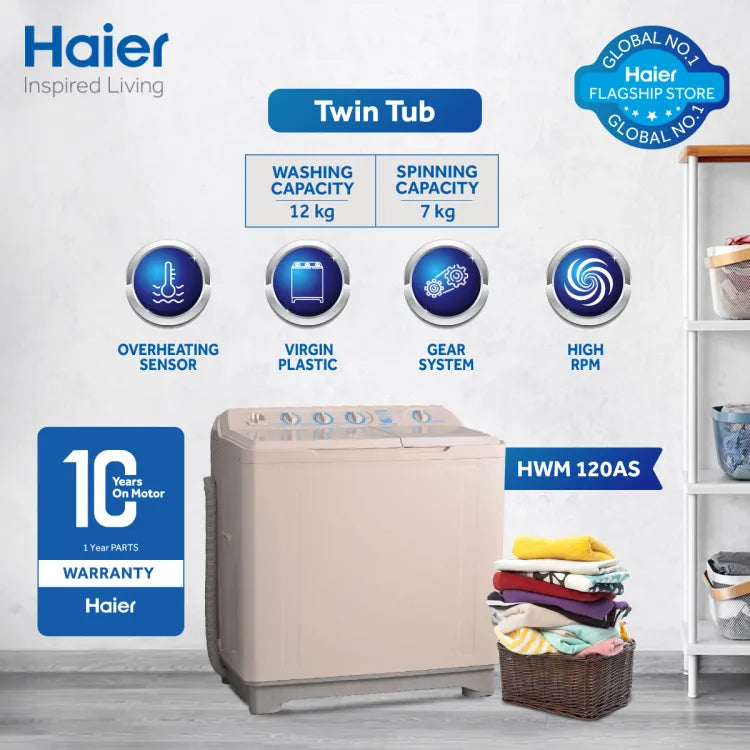 Haier 120-AS Twin Tub-Semi Automatic Washing Machine | 12 Kg | Metal Body | Official Haier Partner