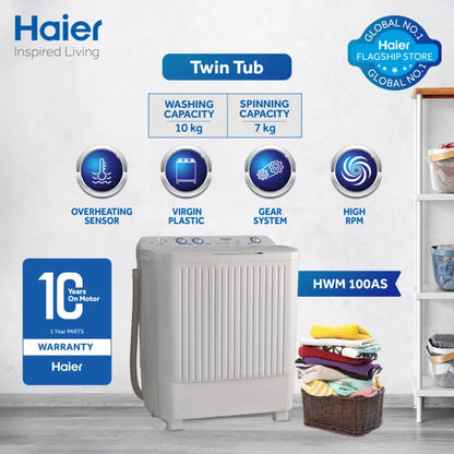 Haier 100-AS Twin Tub Semi Automatic | 10kg | 10 Years Brand Warranty | Official Haier Partner