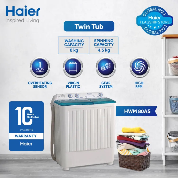 Haier 80-AS Twin Tub | Semi Automatic | 8kg | 10 Years Warranty | Available at the Best Rate