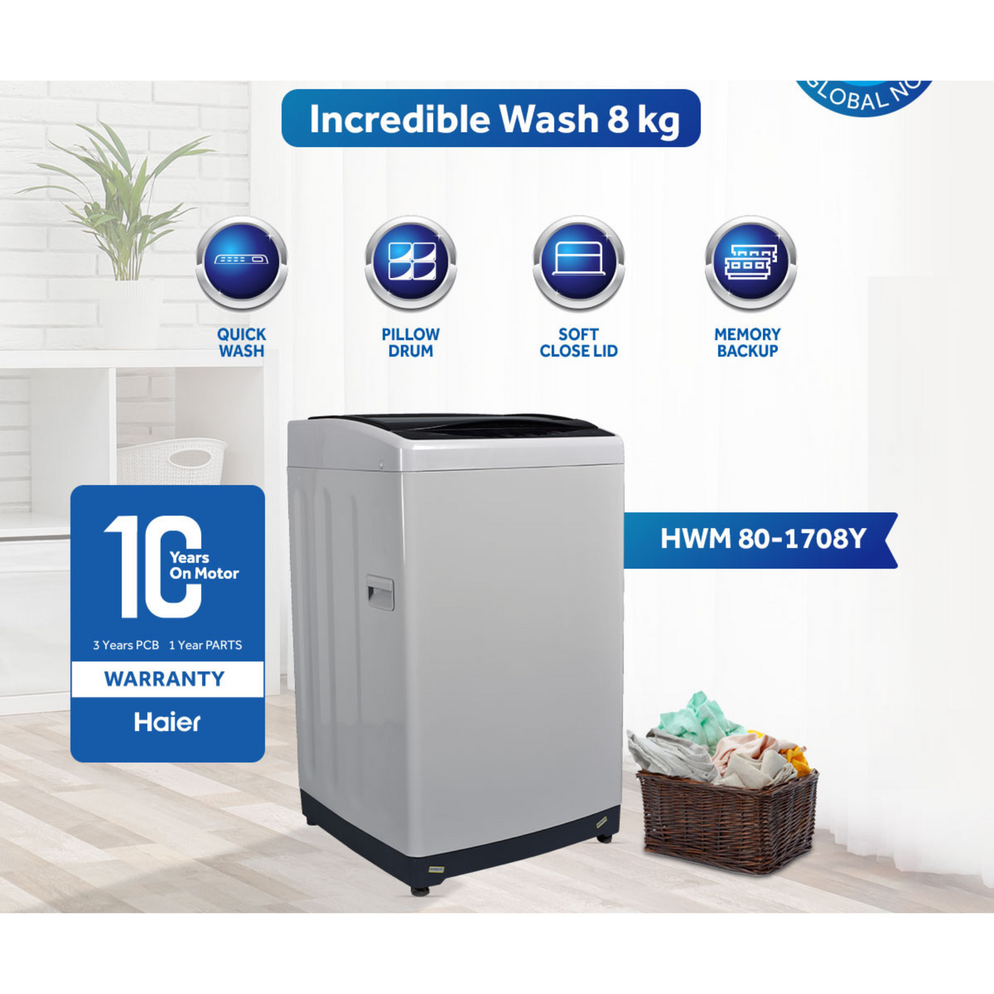 Haier 80-1708 Y Fully Automatic Top Load Washing Machine | 8 kg | 10 Years Warranty | Official Haier Partner