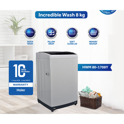 Haier 80-1708 Y Fully Automatic Top Load Washing Machine | 8 kg | 10 Years Warranty | Official Haier Partner